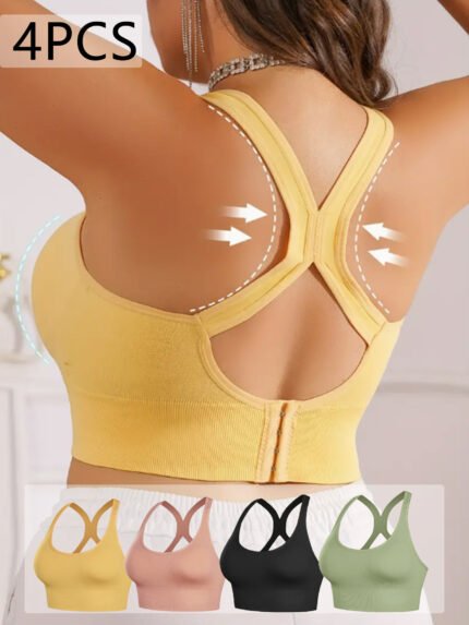 4pcs Plus Size Women'S S Bra With Removable Pads - Breathable Anti-Sagging Wire-Free Design For Yoga - 4 Colors Available, Accessory, Racerback Style, Adjustable Straps, Medium Elasticity, Top, Seamless Style, Durable Construction, Lifestyle