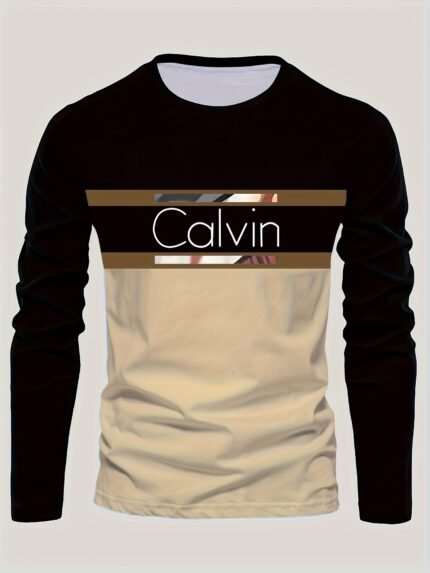 Men'S Long Sleeve T-Shirt - Black to Brown Ombre with CALVIN Lettering, Stretch Comfort Fit for Everyday & Formal Wear, Spring/Fall Essential - CALVIN Apparel, Spring Fall Top, Modern Casual Tee, Smooth Texture Shirt