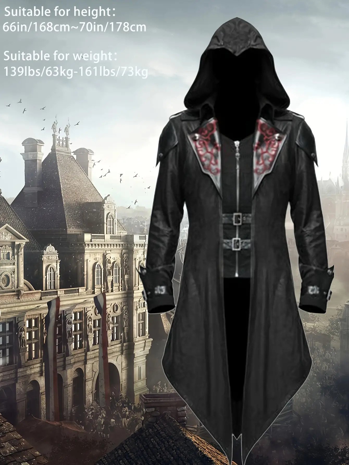 bc84503592794165b21d130c05c9609b-goods.jpeg 3pcs Gothic Assassin Cosplay Costume Set- Men's Retro Red and Black Polyester Coat with Embroidery Details, Floral Pattern, V-Neck Collar, Slight Stretch, Loose Fit- Steampunk Style Hooded Jacket with 2 Wristbands- Suitable for Cosplay and Hall - Image 1