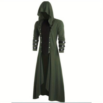 Men's Vintage Gothic Evening Gown Costume Coat - Dark Green/Black/ with Hooded Collar & Full-Length Sleeve - Elegant Formal Attire for Cosplay, Renaissance Fairs, Themed Parties - Functional Front Buttons - Dramatic Stage Outfit - 2025 Collection - Funky Gothic Style with Intricate Detailing & Matching Pants Included - Comfortable & Durable Fabric for All-Day Wear, Medieval Costume