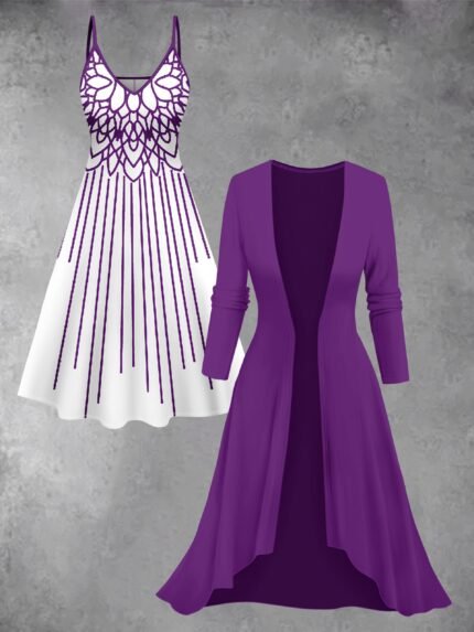 Plus-size dress set, stylish long cardigan with printed dress everyday elegant 2pcs set