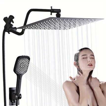 12-Inch High Pressure Rainfall Shower Head Combo with Adjustable Curved Extension Arm, 4-Spray Handheld Showerhead, and Wall Mount Holder – Modern Square Design, Metal Finish for a Luxurious Shower Experience, Adjustable Showerhead | Contemporary Style | Polished Finish, Shower Accessories