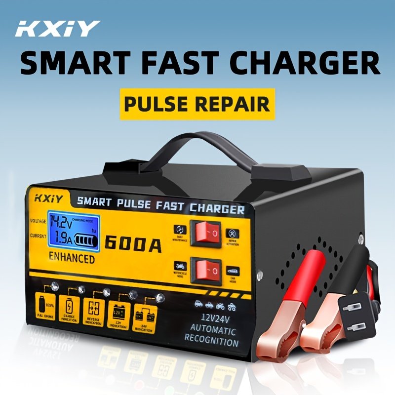 bde198b5-a65b-41be-a88b-4db129301fcf.jpg Kixy 12V 24V Smart Battery Charger With LCD Screen Pulse Repair Temperature Compensation - For Automobiles Trucks Harvesters Lawn Mowers Vessels Motorcycle Battery Maintenance Suitable For 4-300Ah Lead Acid Battery, Without Battery - Image 1