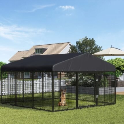 Petonly Large Outdoor Dog Kennel, Heavy Duty Dog Cage With Roof, Galvanized Steel Dog Kennel Fence With Double Safety Locks, Large