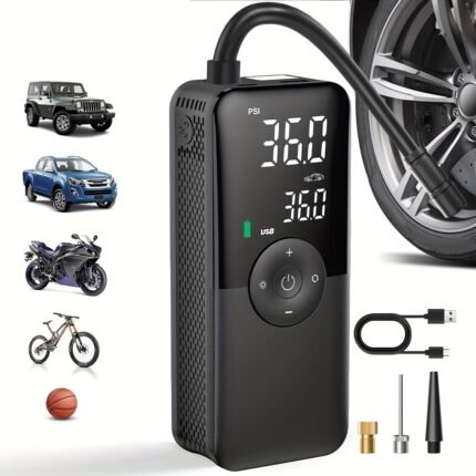 Car Motorcycle Bicycle Air Compressor, Electric Car and Motocycle Pump, Portable Tire Inflator with Storage Case for Nozzle on the Back of The Unit