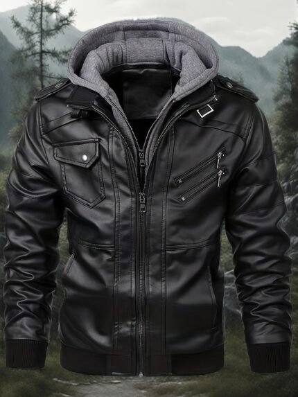 Men's Heavy-Duty Full-Zip Hooded Motorcycle Jacket with Full-Zip Closure, Full-Zip Front, Zippered Pockets - High Quality Outer Shell, Full-Zip Hooded Coat for Motorcycle Riding, Casual & Formal Wear - Black (Hand Wash/Dry Clean) - Ideal for Everyday & Special Events - Men's Fashion Outerwear with Functional Pockets, Full-Length Zipper, and Lining for Comfort and Durability, Motorcycle Clothing, Motorcycle Jacket Men