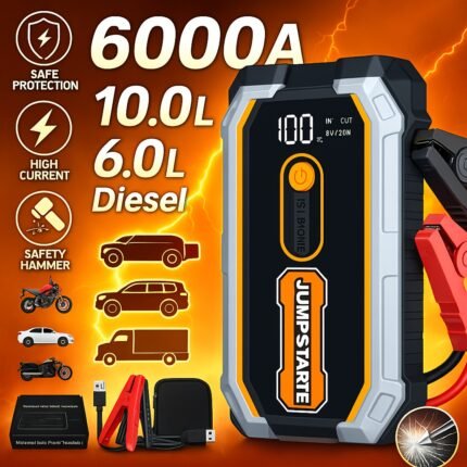 Car Jump Starter, 6000A Portable Battery Jumper Starter Pack for 2.64gal Gas & 1.59gal Diesel Engines, 12V Auto Battery Booster Jump Box with LED Light, Power Bank, Emergency Car Starter Charger, Car Battery Charger Jump Starter, Battery Starter, Car Battery Jumper, Roadside Assistance, Vehicle Power Supply, Compact Design, Sleek Power Bank, Durable Construction, Highcapacity Battery, Emergency Power Bank, Emergency Kit, Road Trip Essentials