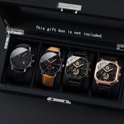 4pcs Men's Sports Watch Set - Square & Round Case Analog Quartz Watches with Calendar, Chronograph & Date Display, Multi-Dial Black/Brown/Orange Dials, Artificial Leather Strap - Ideal for Daily Wear, Gifts for Men (Valentine's Day, Christmas, Father's Day) - Stylish Modern Watch Collection, Party Accessories, Fashionable Timepiece, Precision Timekeeping, Professional Wristwatch