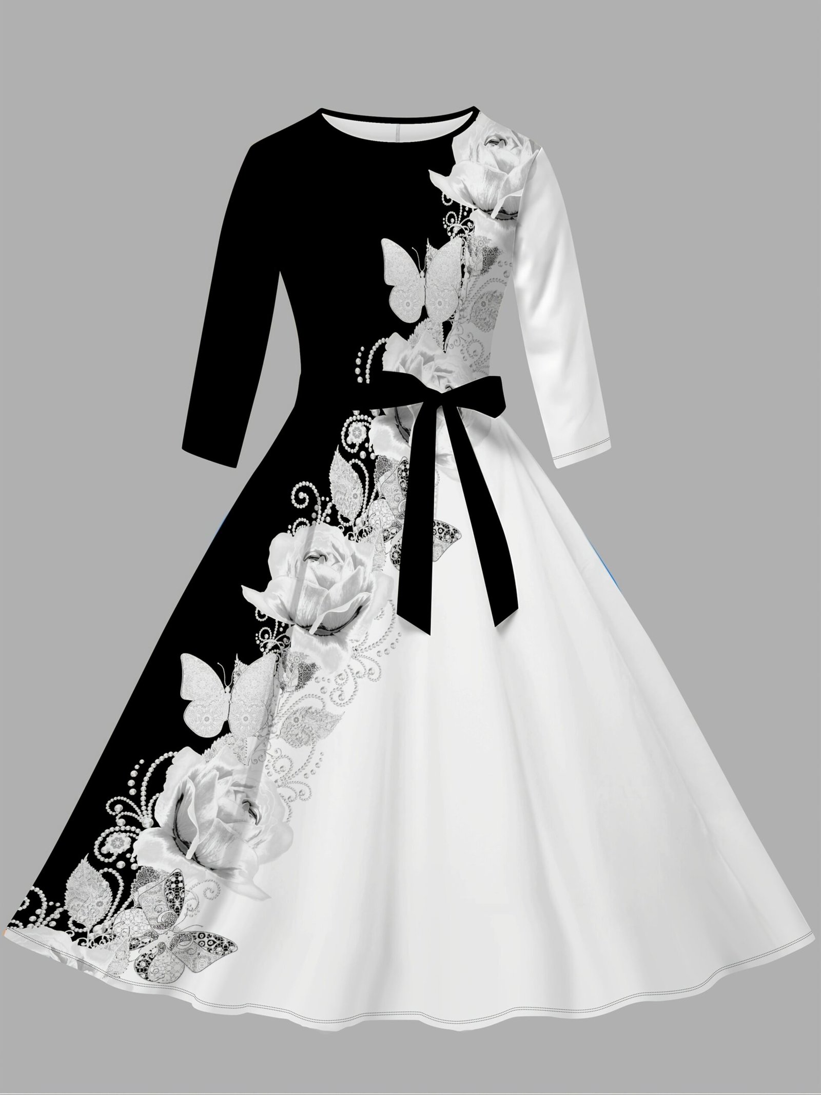 c0a11a4a-a854-485b-bb9b-2c506bf06a98-scaled-1.jpg Women'S Elegant Floral Print Dress - Black & White Round Neck Summer Dress with Belt, Long Sleeve, Flowy Skirt, Perfect for Casual or Formal Occasions, Floral Print Dress - Image 1