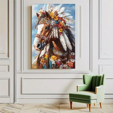 2D Flat, 1pc Wooden Frame Wall Art - Brown Horse with White Feathers & Floral Design, Vertical Enclosed Canvas Frame, Modern Classic Home Decor for Living Room, Bedroom, Office, Bathroom - Perfect Gift for Mother’s Day, Birthday, Easter, New Year, Horse Home Decor, Bedroom Artwork, Detailed Artwork, Elegant Decoration, Highquality Print, Decorative Painting, Interior Designers, 2D Flat