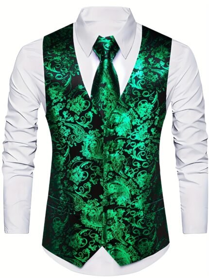 Men'S Luxury Waistcoat 4pcs Floral Pattern V-neck Suit Tie Set Formal/Wedding Party Dress Vest