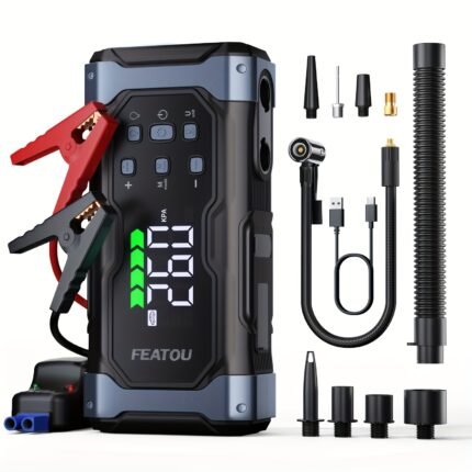 FEATOU High-Power 9000A Jump Starter with Air Compressor/Tire Inflator, 12V Jumper Box for Car (All Gas/14L Diesel), 9in 1 Portable Jump Starter Power Pack, Jump Starter Battery Pack, Portable Car Jump Starter