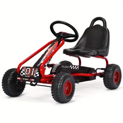 HOMASIS 4-Wheel Pedal Go-Kart with Adjustable Seat, Handbrake & Non-Slip Wheels - Red & Black Outdoor Ride-On Car for Boys & Girls, Durable Iron Frame, Ergonomic Design for Stability & Control, Perfect for Outdoor Play, Playful Design, Sturdy Construction