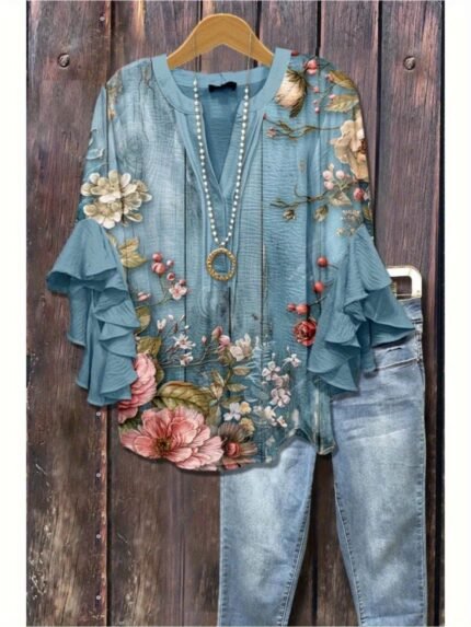 Plus Size, Plus Size Elegant Shirt for Women - Teal Ruffle Sleeves V-Neck Loose Top, Breathable Machine Washable Fabric, Casual Style for Vacation and Casual Attire, Floral Print, Comfortable Fit, Textured Fabric