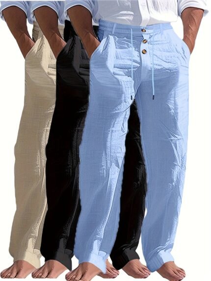 3pcs Men'S Casual Linen Pants Set, Lightweight Woven Straight-Leg Trousers for Outdoor Sports, Breathable Solid Color Beachwear