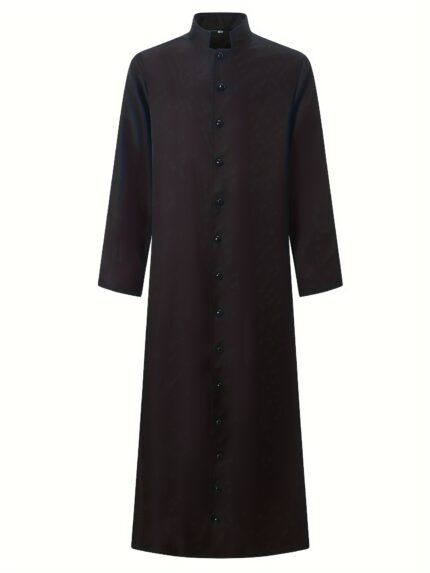 Long Sleeve Men's Solid Button Up Robe for Halloween Party with Stand Collar