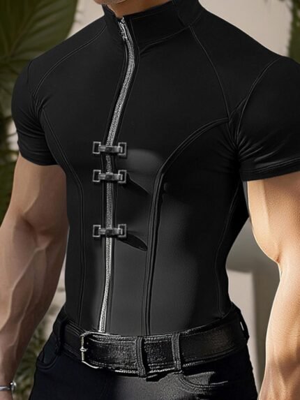 Men's Punk Style Stand Collar Zipper Front T-Shirt with Metallic Buckles - Lightweight Summer Casual Streetwear Top, Solid Black Regular Fit for Daily Outdoor Leisure