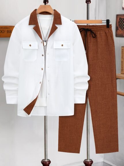Men'S New Spring And Autumn Loose Long-Sleeve Button-Up Shirt Top, Casual Straight-Leg Pants Set.