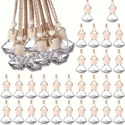 [30-Pack Glass Perfume] 30-Pack 8ml Rhombus Glass Perfume Bottles | Bohemian Style, Home & Car Decor, Hanging Ornaments | Hand Wash Only, PVC-Free