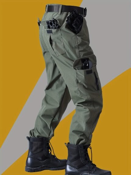 Men'S Tactical Workwear Pants with 6 Pockets - Durable Grid Fabric, Button & Zipper Closure, Multiple Cargo Pockets for Hiking, Camping, Outdoor Activities - Olive Green, Hiking Pants, Camping Essentials, Functional Design, Reinforced Stitching