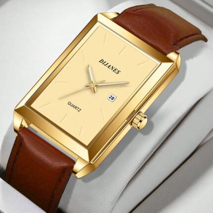 Luxury Men's Golden-Tone Square Watch - Quartz Analog Analog/Digital-like Display, Brown -like Strap, Multi-Functional Dial with Date/Day/Chronograph-like Feature,, Elegant Retro-Modern Design, Clear White Dial & Golden Hands, Business Casual & Formal Watch for Men, Classic Analog Watch with Quartz Movement, No Level Display, Suitable for Dress &