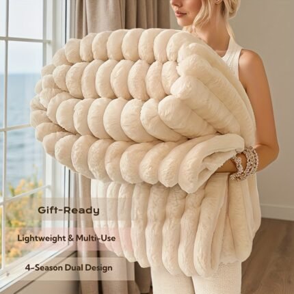 Luxurious Double-Sided Faux Rabbit Fur Throw Blanket - Plush Flannel All-Season Soft & Warm Bedspread, Beige/White/Gray/Brown Striped Design, Machine Washable Polyester Bed Cover for Couch, Camping, Office - Perfect Christmas Gift, Cozy Bedding Accessory with Vintage-Inspired Striped Pattern, Versatile for Naps & Sofa Use, Ideal for All Seasons, Multi-Purpose Faux Fur Blanket