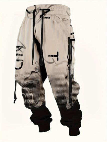 Men's Streetwear Joggers - Loose Fit Sweatpants with Drawstring Waist, Breathable Polyester Pants for Gym, Running, Casual Outfits - Beige & Black All-Season Urban Street Style Pants, Jogging Pants, Running Pants, Abstract Print Design, Comfortable Fit