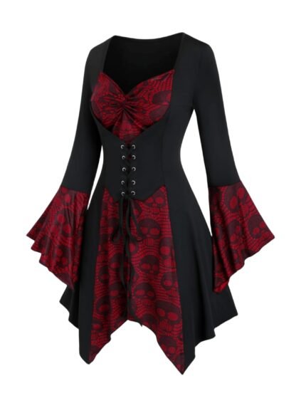 Vintage Polyester Gothic Skull Print Top - Women's Ruffled Bell Sleeves with Lace-Up Waist - Machine Washable, Perfect for Halloween
