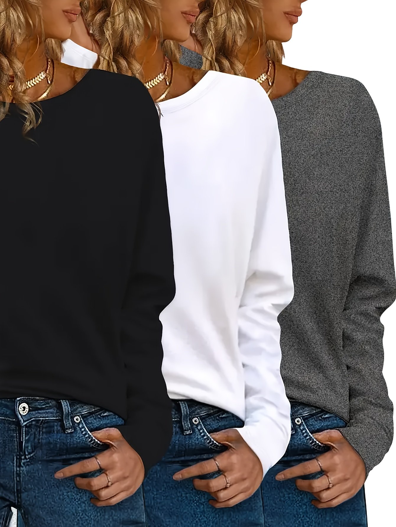 c6d04ec7-a781-4448-bbfe-4932595346d4.jpg 3pcs Casual Crew Neck Long Sleeve T-Shirts, Solid Color, Polyester Knit Fabric, Regular Fit, for Spring/Fall - Image 1