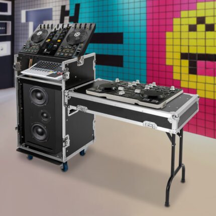 Professional Audio 14U PA Rack with DJ Console - Essential for Live Performances, PA DJ Rack with DJ Table, High-Quality, Used in Studios, Home Theatres, Ktvs, And Wedding Parties for Storing Electronic Equipment Such As Amplifiers, Mixers, Microphones, Sequencers, Jukeboxes, Plywood Boards, Black