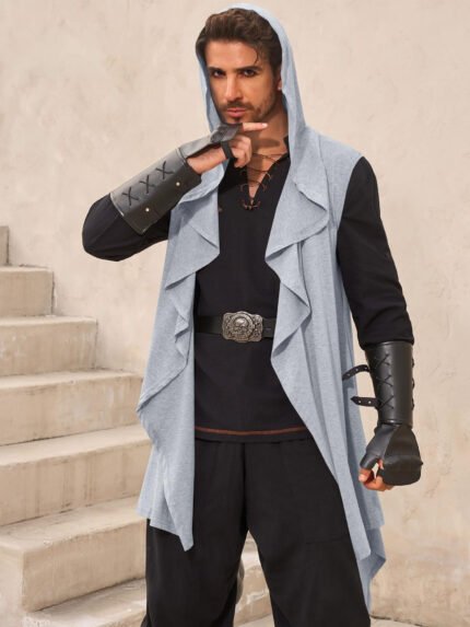 Mens Hooded Cardigan Sleeveless Ruffle Shawl Collar Open Front Drape Robe