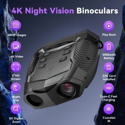 4K Night Vision Binoculars with 3'' HD Screen & 8X Digital Zoom, Infrared Night Vision Goggles with 32GB Card & 5000mAh Battery, USB-Powered, Ergonomic Design for Adults - Ideal for Hunting, Farm Monitoring, Wildlife Observation, Low-Light Clarity, Long-Range Visibility, Outdoor Surveillance, Handheld Viewer, Lightweight Optics, Highdefinition Display, Durable Construction, Digital Zoom Binoculars, Night Vision Binocular, Night Vision Goggle, Night Vision Rifle Scope, Ghost Hunting