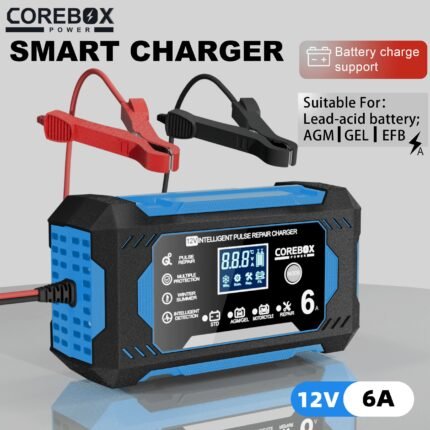 COREBOX New Designs 12V 6A Vehicle Battery Charging, US Plug, Intelligent Battery Maintenance Charging for Cars, Trucks, Rvs, Motorcycles, Lead Acid Batteries, Without Battery