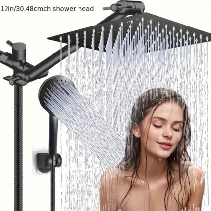 Shower Head, 8/12 Inch High Pressure Rainfall Shower Head/Handheld Shower Combo With 11 Inch Extension Arm, 5 Settings Adjustable Anti-leak Shower Head With Holder/Hose, Height/Angle Adjustable