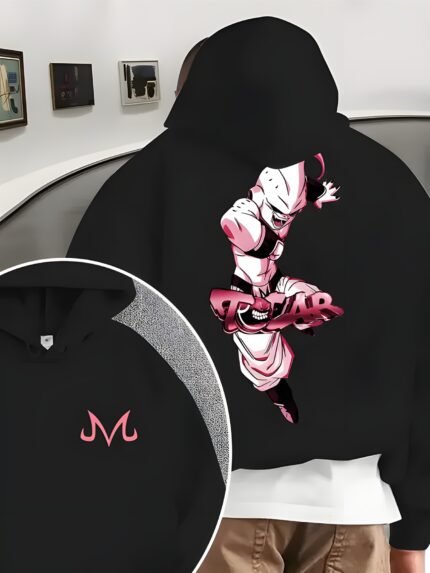 Men'S Anime Hoodie - Black with Pink Accent Graphic Sweatshirt, Hooded Pullover for Fall/Winter Casual Streetwear, Everyday Outfits & Anime Fan Apparel - Japanese Manga Inspired Clothing, Anime Clothes, Fall Winter Wear, Comfortable Fit
