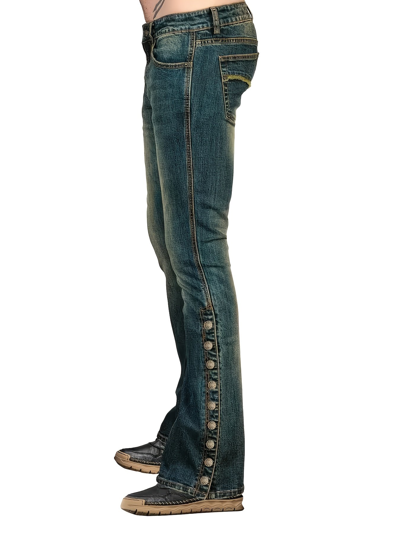 c8d404a0-a11a-48e2-a643-26fb7b628b78.jpg Men's Vintage Mid-Rise Slim-Fit Flared Jeans - Light Wash Distressed Denim Bell-Bottom Pants with Side Snap Closure, All-Season Comfort & Machine Washable, Retro Elegant Gentleman Style for Casual & Formal Wear (Light Blue/Black/Jeans Colors Available), Comfortable Fit, Durable Fabric, Stylish Men - Image 1