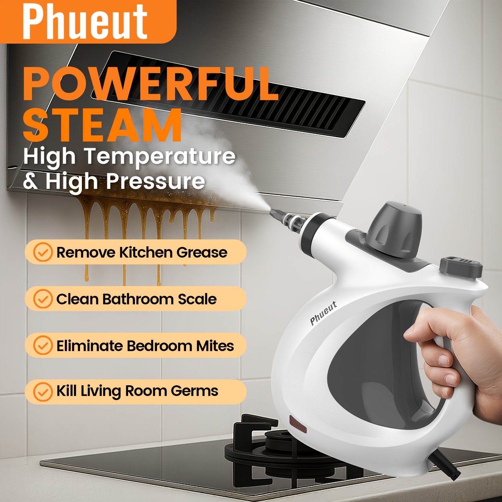 c93da866-ae82-422d-b1bc-757a359456a5.jpg 1Pc 1050W High-Power Portable Handheld Steam Cleaner Quick Heating, 12 Brush Heads For Versatile Cleaning In Kitchens, Bathrooms, Furniture & Cars - Us Plug, Large Capacity Water Tank, Steam Cleaner For Car - Image 1