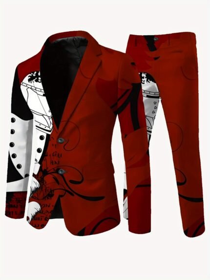 Men'S Dopamine-Themed Red & Black Blazer & Pants Set - Stylish Casual Suit with Artistic Print, Long Sleeves, and Pockets, All-Season Wear, Stylish Casual Attire | Artistic Print Blazer | Stretchy Fabric