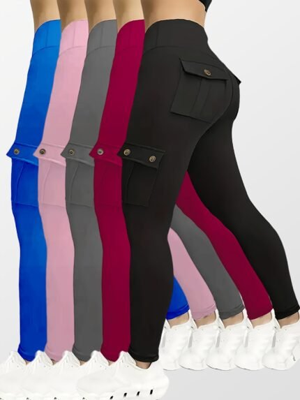 5pcs Set Women's High-Waisted Yoga Leggings with Belt Pockets & Button Closure - Full-Length Zipper-Free Design, Solid Colors (Black, Navy Blue, Gray, Pink, Red) - Heavy-Duty Compression Workout Pants for Gym, Running, Training - All-Season Comfortable Stretch Fabric, Machine Washable Athletic Leggings with Practical Flap Pockets, Ideal for Yoga, Running, and Casual Attire, Leggings for Women Comfy Breathable Yoga Pants Tummy Control High Waisted Capris, Pantalon Yoga,