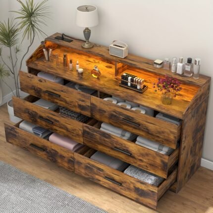 Contemporary Mid-Century 6-Drawer Dresser With Built-In Outlets - LED Illuminated Wide Dresser Organizer, Open Cubby Shelf & Hidden Charging Station For Living Room/Bedroom (Walnut Veneer)