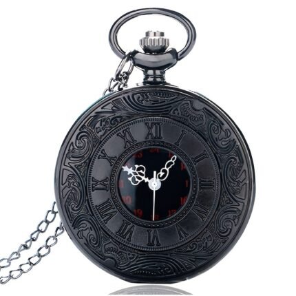 Elegant Vintage-Style Black Quartz Pocket Watch with Roman Numerals, World Time Feature - Alloy Round Hollow-Out Design, Non-Waterproof, with Chain for Easy Carrying, Watch Accessories