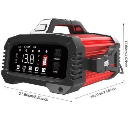 E-FAST TK-2500 Red Fully Automatic 12V 25A 24V 15A Battery Charger With 200 Seconds Auxiliary Start Mode For Car Truck Motorcycle, Without Battery