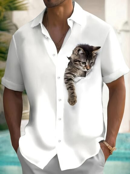 Men'S Funny Cat Print Button-Up Shirt - White Casual Short Sleeve Summer Shirt with Black & White Kitten Design, Lightweight Breathable Fabric, Classic Collar & Chest Pocket for Casual Outings, Beach, Office - Playful Pet-Themed Apparel for Cat Lovers, Cat Tshirt, Beach Outfit, Quirky Fashion, Easy Care, Print Top, Adult Clothing, Vacation Outfit, Fun Pattern, Durable Construction, Print Top for Men, Pet Lovers, Cat T Shirts, Cat Lovers Outfit, Party Attire, Playful Approach