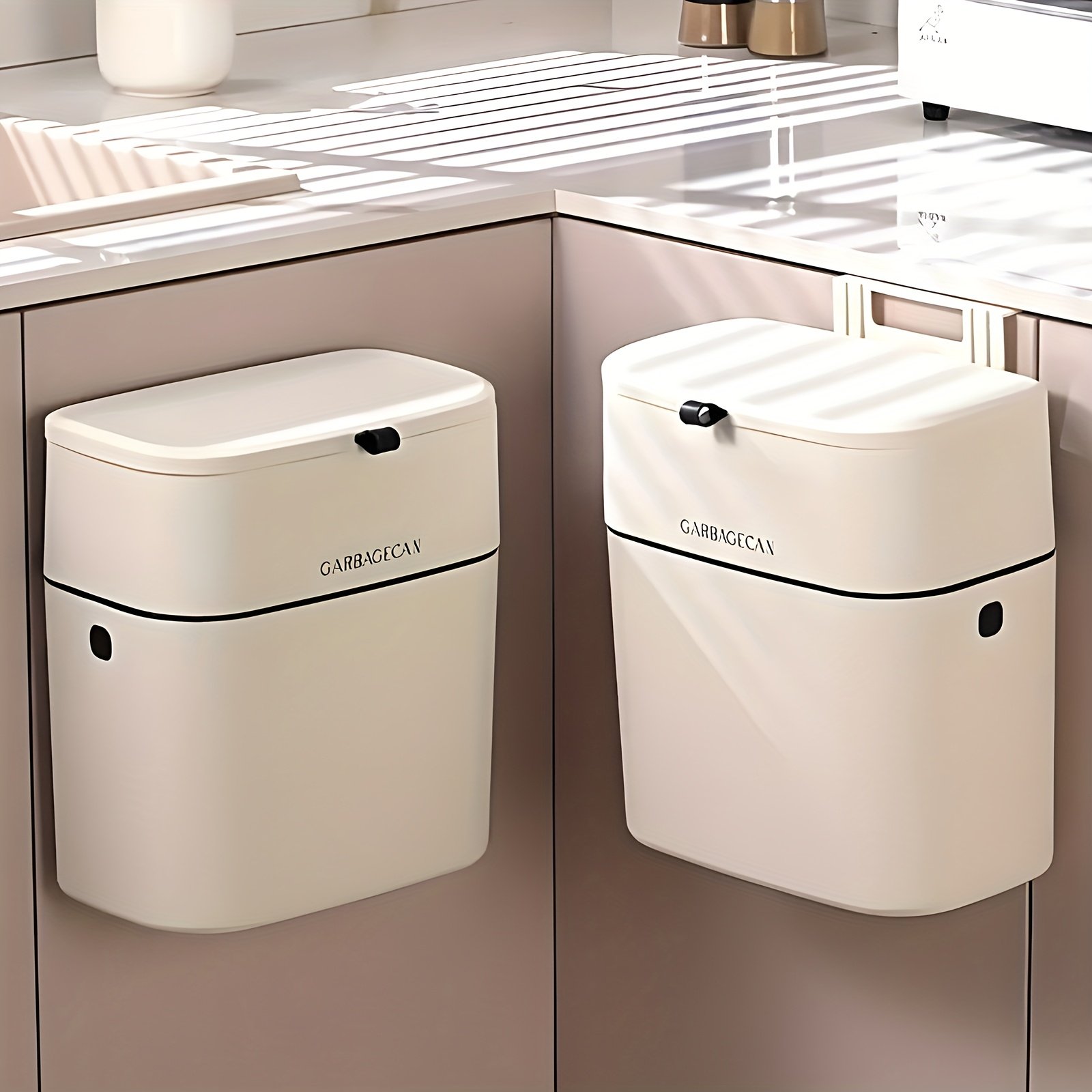 cab2cb45-07d4-48fe-8729-490b504e61e1.jpg 1pc Hanging Garbage Can, Space Saving Kitchen Garbage Can for Kitchen Cabinet Door Under Sink Garbage Can, Plastic Compost Bin with Adhesive Backing Hooks, Odor Barrier, Silent Closing, Push to Open, Perfect for Kitchens, Bathrooms, Offices - Image 1