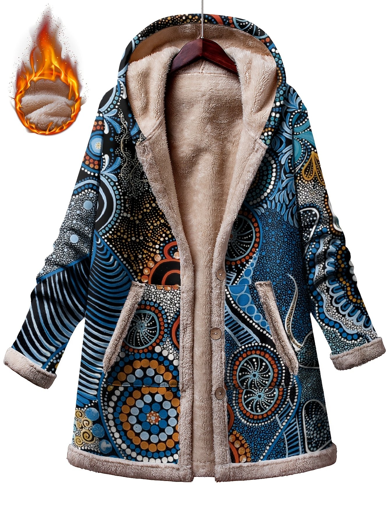 cb49339e-f971-4fd4-8117-40c2e31e54cf.jpg Plus Size - Plus Size Women'S Cozy Fleece-Lined Hooded Jacket with Vibrant Blue & Orange Abstract Print, Long Sleeves, Button Front, Casual Winter Outerwear - Beige Interior, No Accessories Included, Winter Coat - Image 1