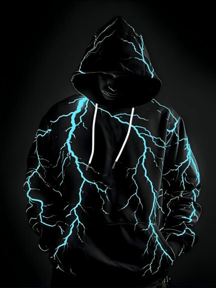 Men'S Plus Size Neon Pink Lightning Bolt Hoodie - Stretch Knit Pullover Sweatshirt with Adjustable Drawstring, Geometric Print, Long Sleeve, Casual Streetwear for Fitness & Daily Wear, Washable Autumn Winter Essential, PLUS SIZE