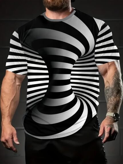 Men'S Trendy Zebra Print T-Shirt - Black & White Striped Short Sleeve Crew Neck, Comfortable Summer Casual Top for Outdoor Activities, Regular Fit, Breathable Fabric, Perfect for Gym, Running, or Casual Attire, Gym Shirts