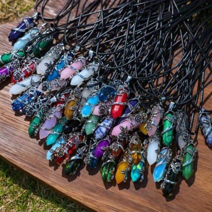 20pcs Natural Stone Hexagon Prism Shaped Wrapped Flower Pendant Necklace Suit, Including 10pcs Hexagon Prism with 10 Imitation Faux Leather Ropes for DIY Necklace Jewelry Handmade, Casual Accessories and Gifts