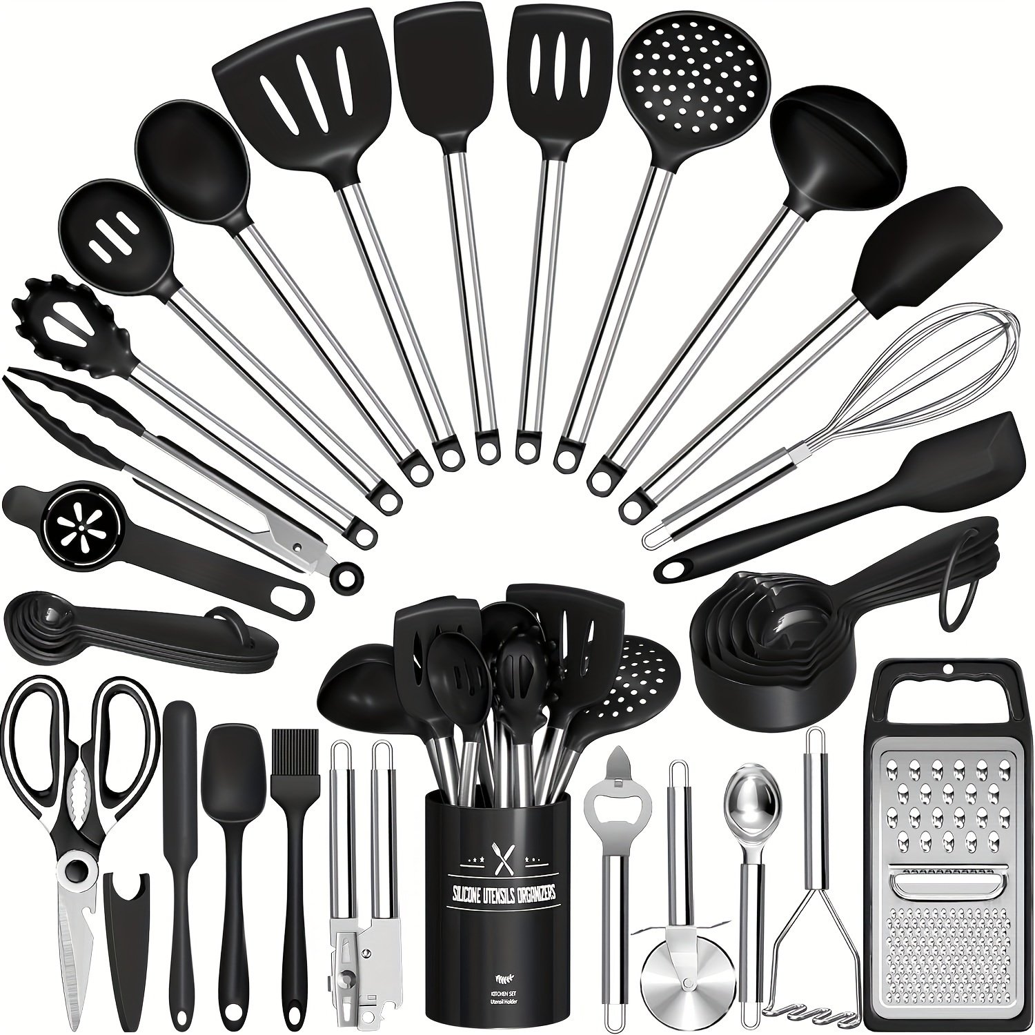 cbfb5c4c-6202-4b02-bc48-85dd93b3a0a2.jpg Kitchen Utensils Set-34pcs Silicone Cooking Utensils Set for Nonstick Cookware-Silicone Spatulas Set, Stainless Steel Handle-Black Kitchen Gadgets Tools, Pots And Pans Accessories, SKROAM father gift - Image 1