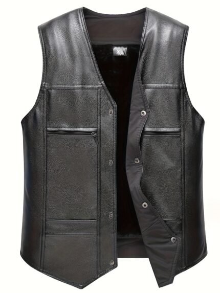 Men'S Winter Vest - Thickened Casual Workwear V-Neck Sleeveless Jacket with Multiple Pockets, Regular Fit H-Silhouette for Fall/Winter, Winter Layering Piece, Solid Color Design